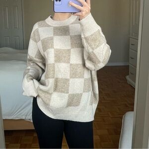 OAK + FORT Beige and Cream Checkered Sweater